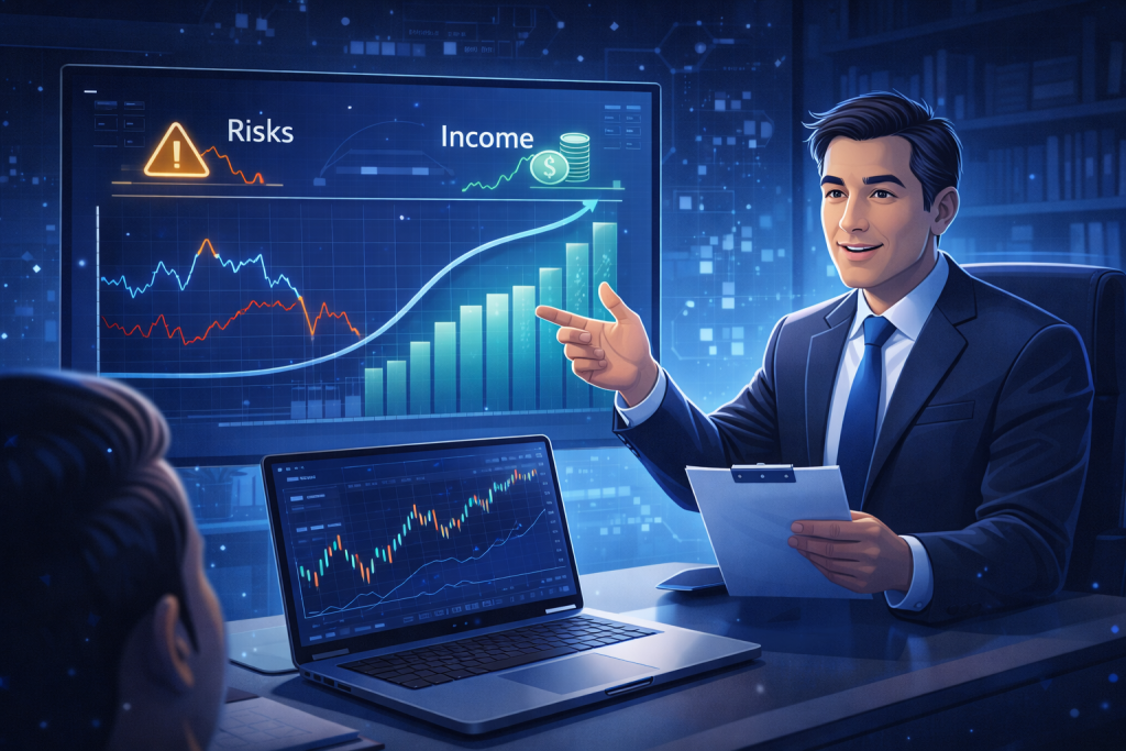 Financial planner explaining covered calls risks and income potential