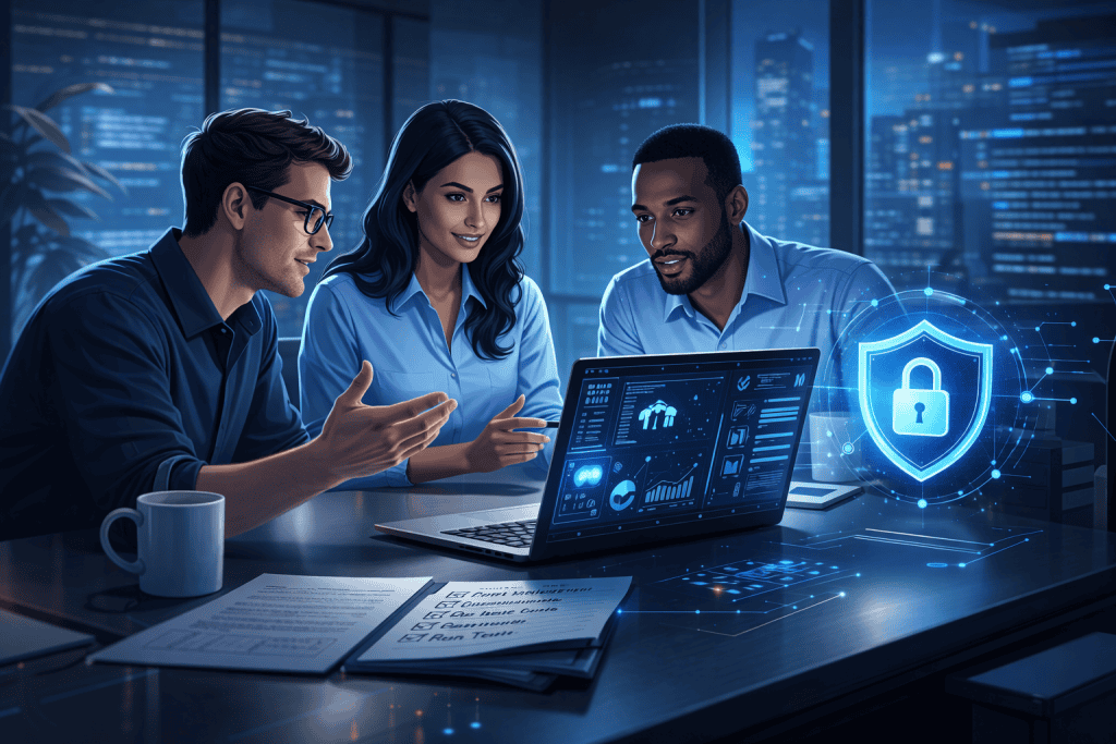 Team discussing secure coding practices around laptop in modern office