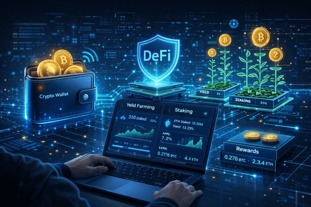 Crypto wallet connected to DeFi platform with staking and defi yield farming