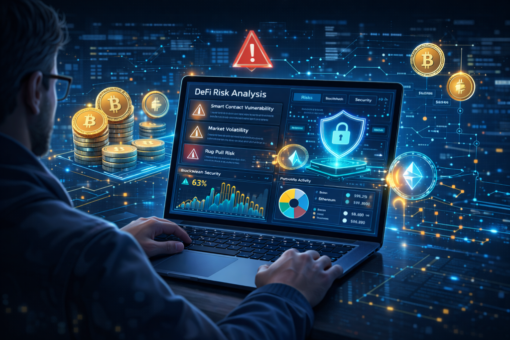 Investor reviewing DeFi risks, tokens, charts, and blockchain security