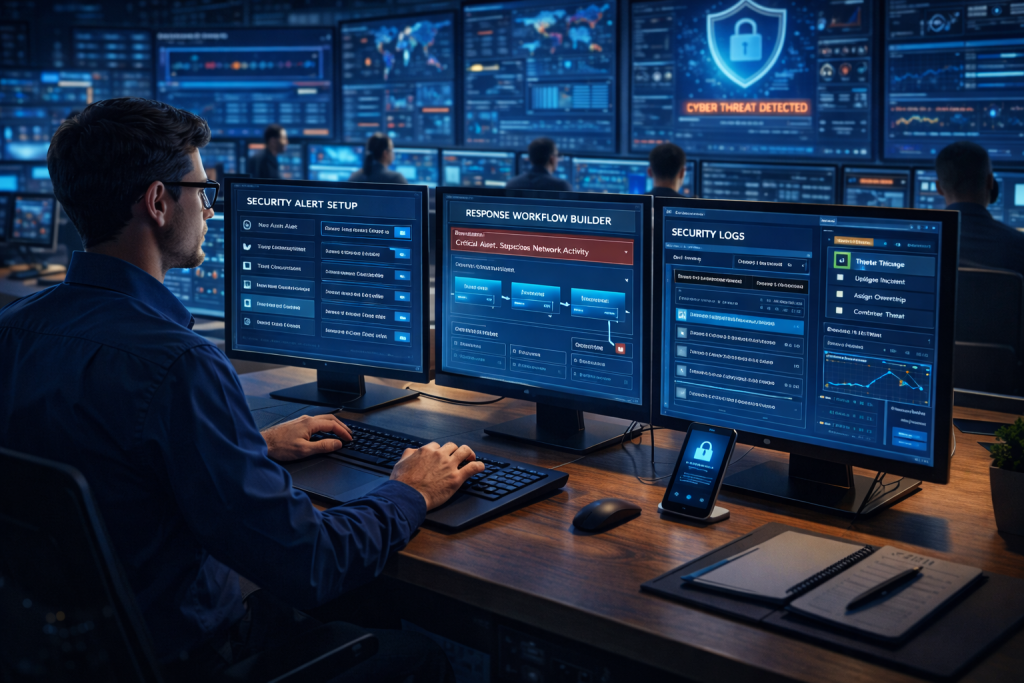 Analyst configuring SOC alerts, logs, and response workflows on screens