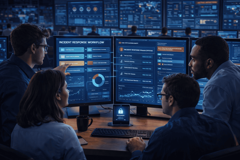 Cybersecurity team reviewing incident response steps and threat metrics together