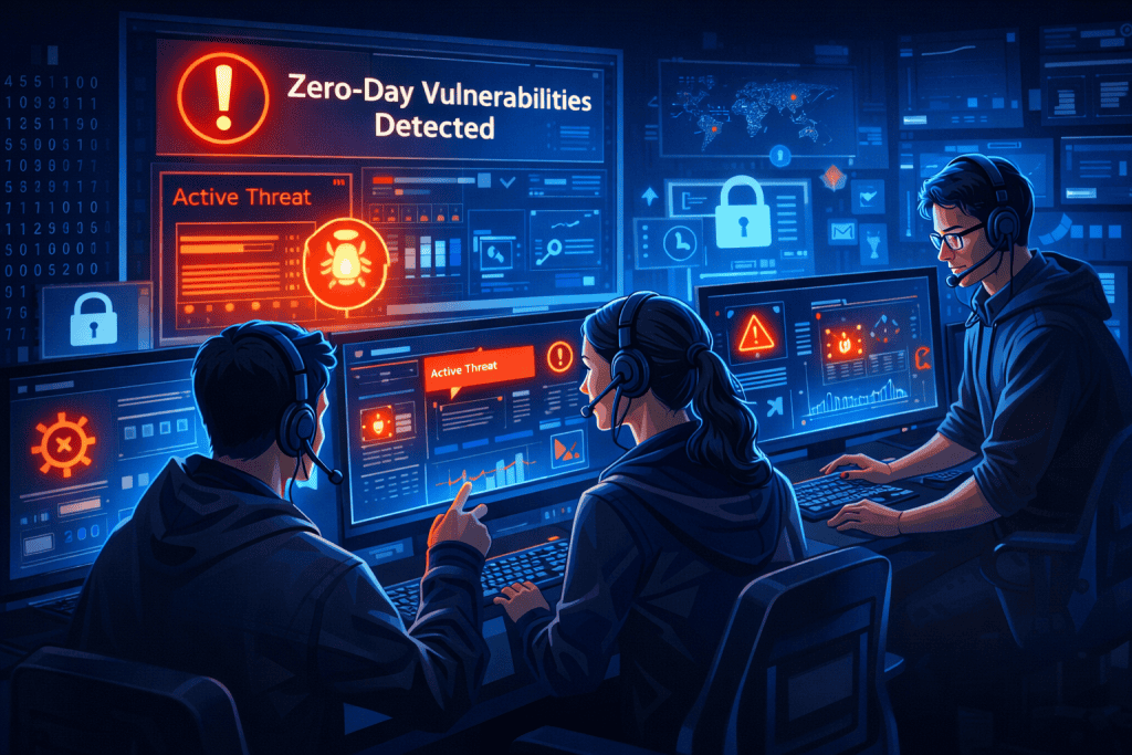 IT team reviews zero-day vulnerabilities during active incident response.