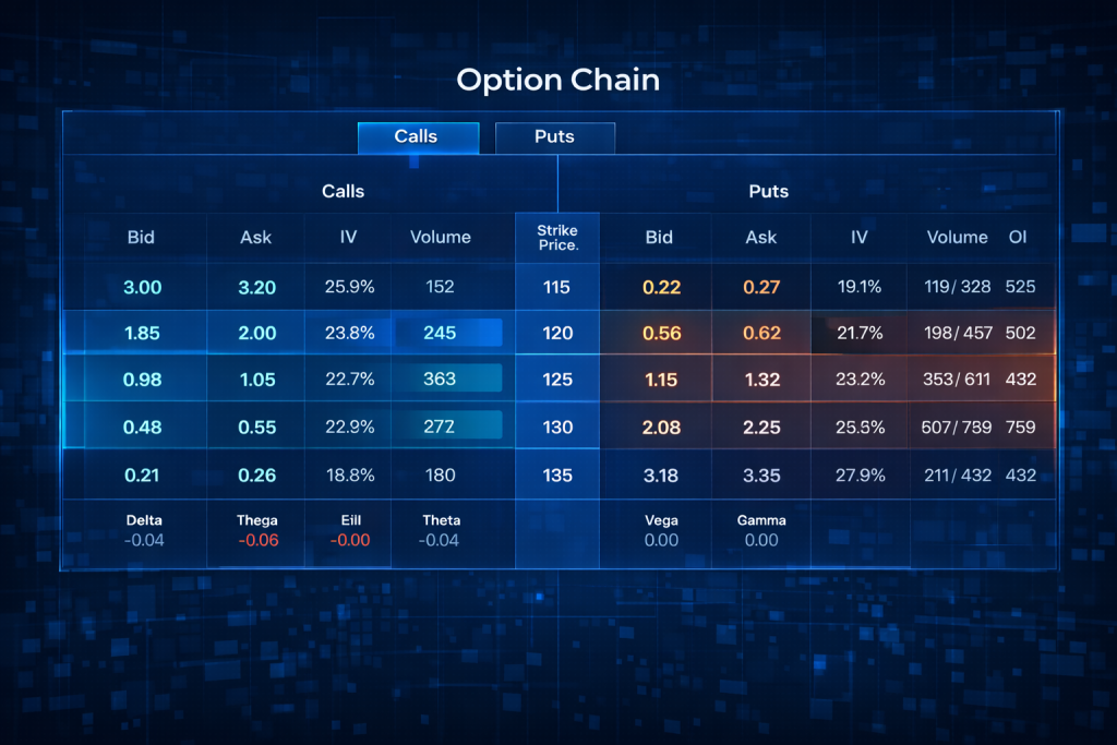 Option chain table highlighting bid, ask, volume, and open interest.
