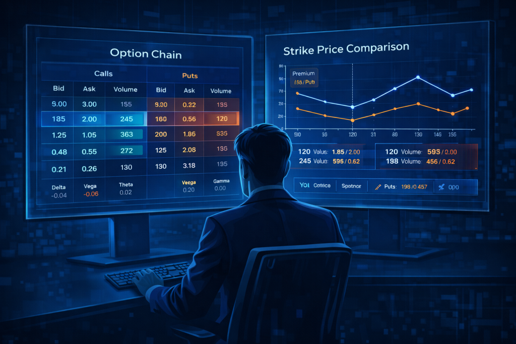 Trader reviewing option chain table with strike price comparison chart.