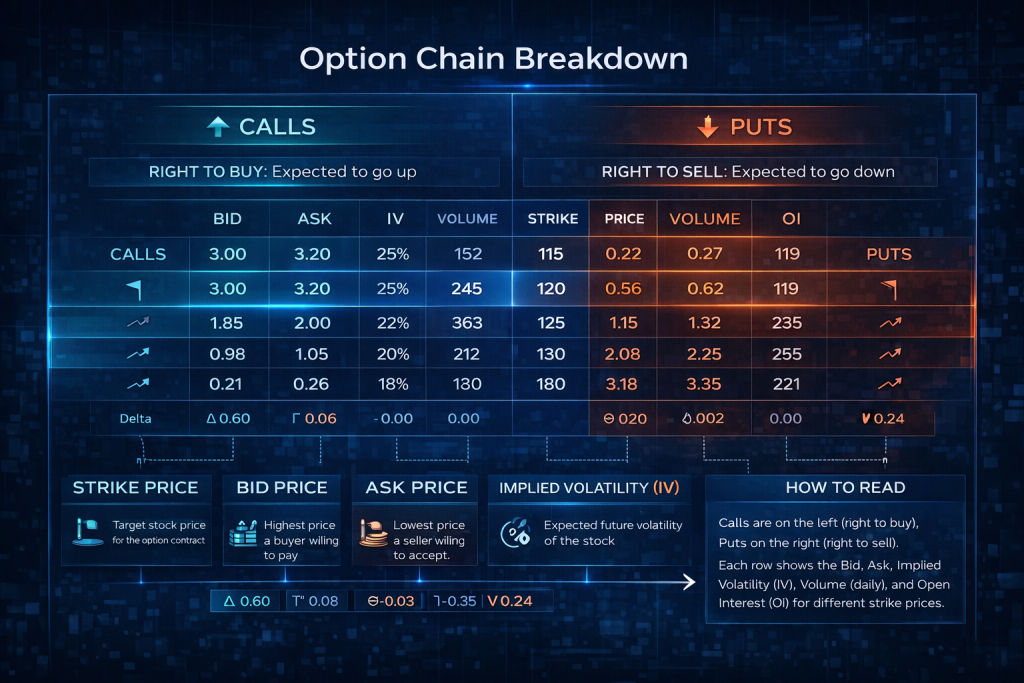 Option chain breakdown explaining calls, puts, strike price, and key metrics.