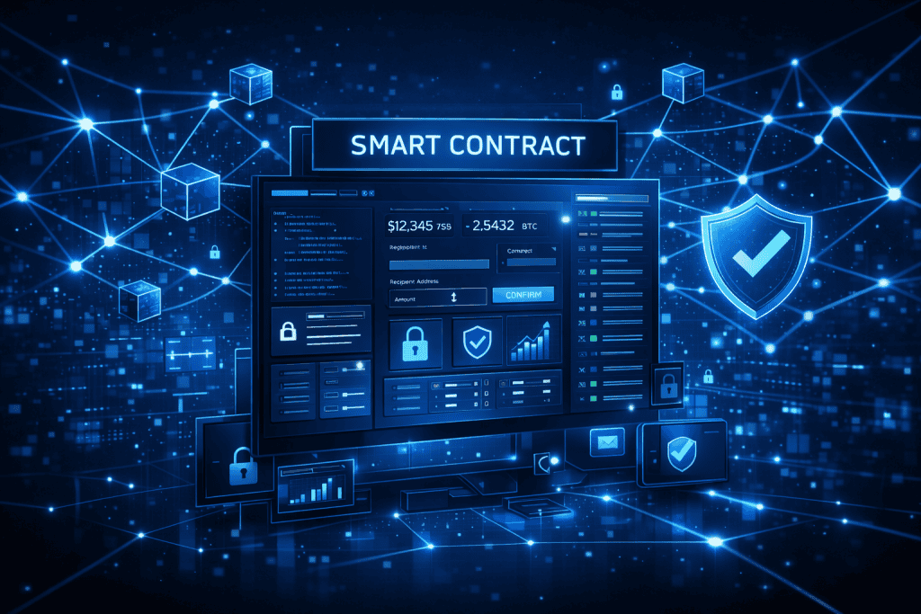 Smart contract interface powering a DeFi protocol with glowing network links.