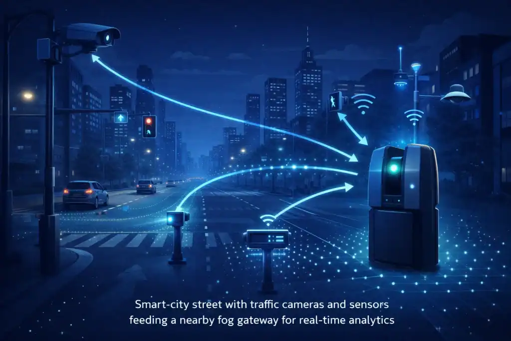 Smart city street with traffic cameras and sensors feeding a nearby fog computing gateway for real-time analytics
