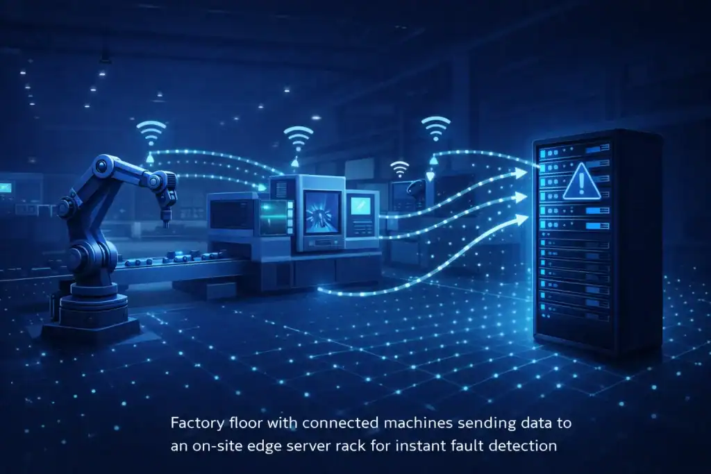 Factory floor with connected machines sending data to an on-site edge server rack for instant fault detection