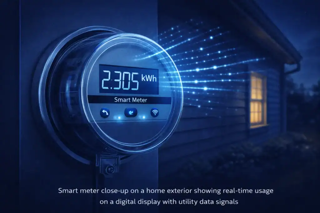 Smart grid, smart meter close-up on a home exterior showing real-time usage.