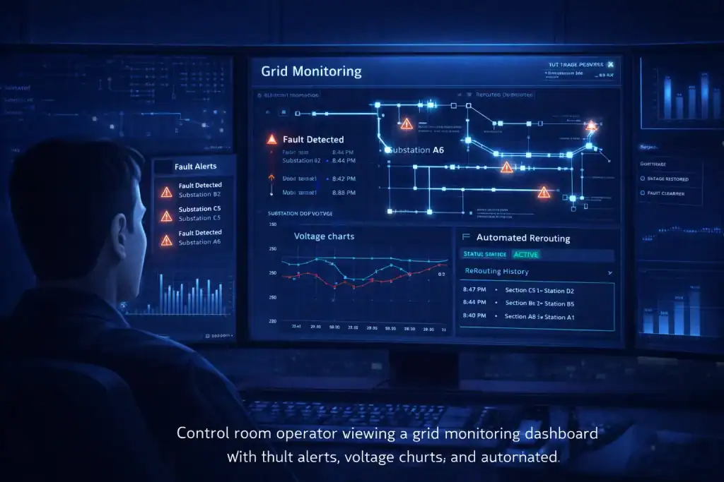 Control room operator viewing a grid monitoring dashboard with fault alerts, voltage charts, and automated rerouting status
