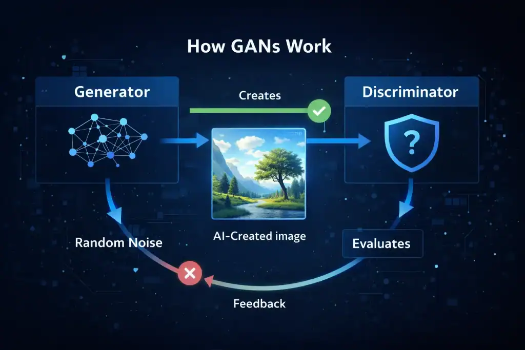 Diagram showing how Generative AI work: generator vs discriminator improving an AI-created image through feedback loops.