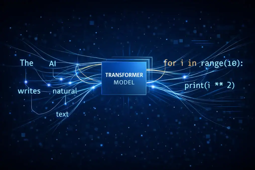 Transformer model visualization with attention lines connecting words, representing Generative AI text generation and code completion.