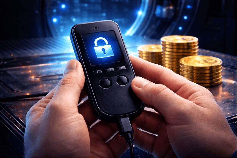 Hands holding cold wallet with locked screen and Bitcoin nearby.