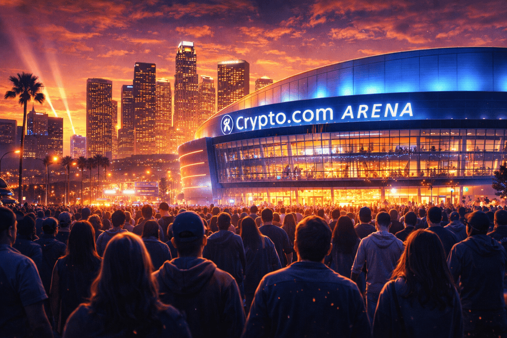 Excited crowd arrives at Crypto.com Arena at sunset.