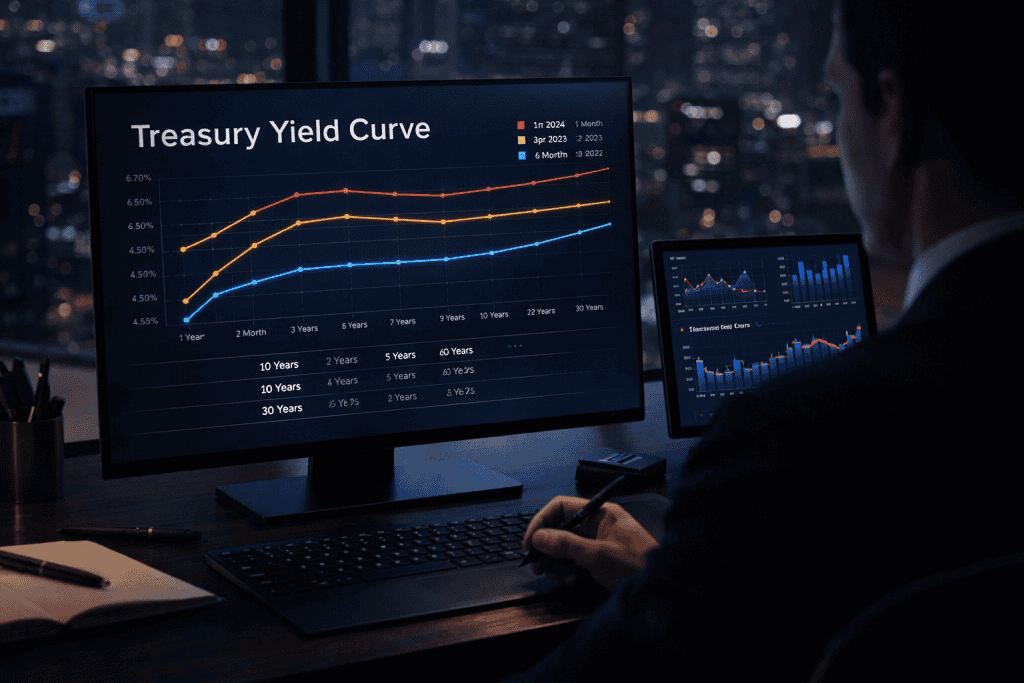 Investor studies glowing Treasury yield curve chart in modern office.