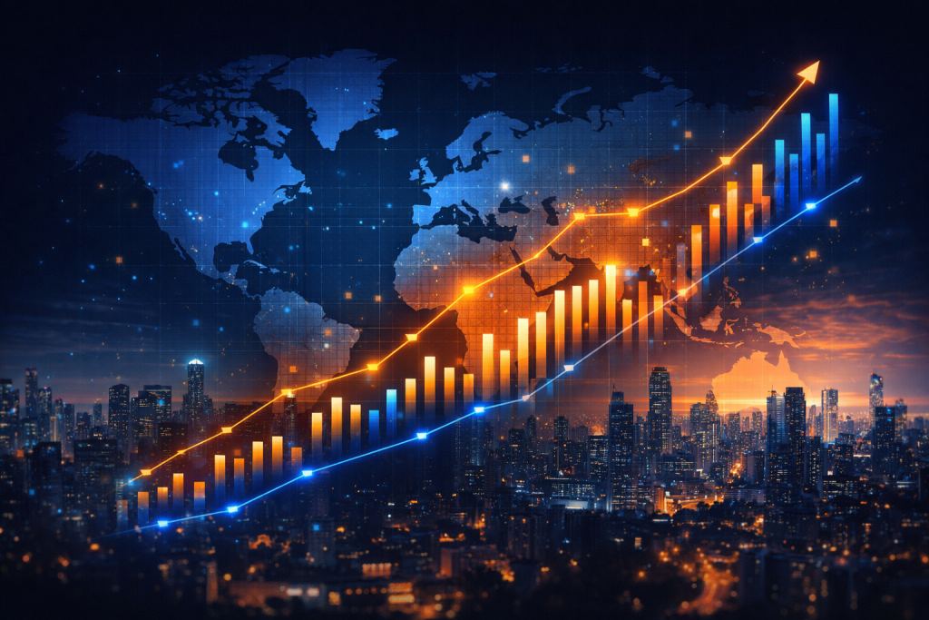 Global financial map with rising charts and emerging markets growth.