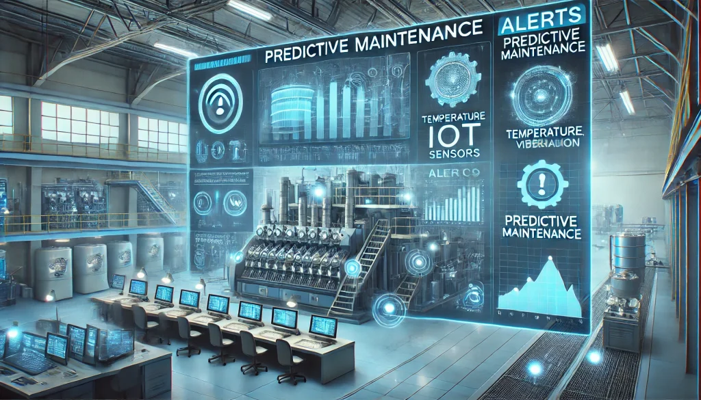 High-tech industrial control room with IoT predictive maintenance systems monitoring machinery.