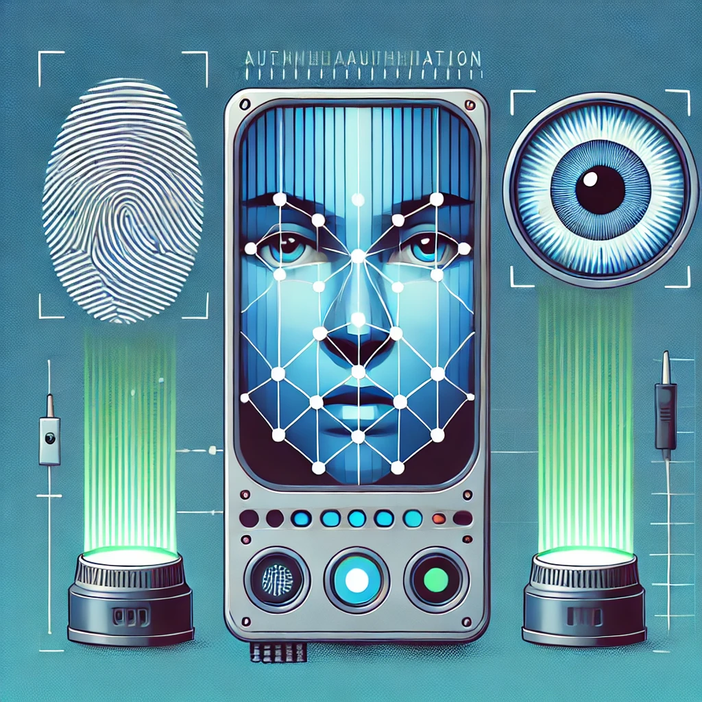 Biometric authentication scanner captures fingerprints, iris, or facial data.