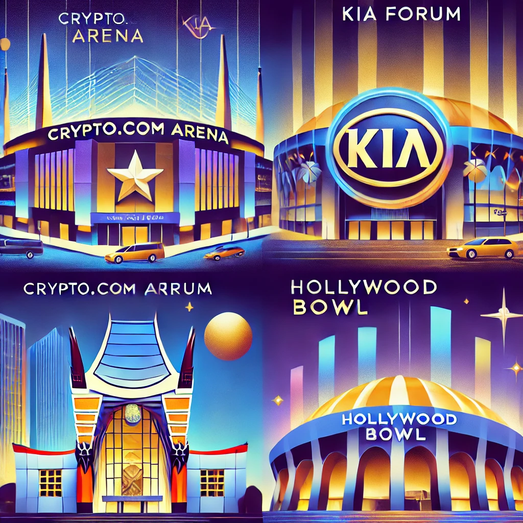 Collage photo of Crypto Arena, Kia Forum and Hollywood Bowl