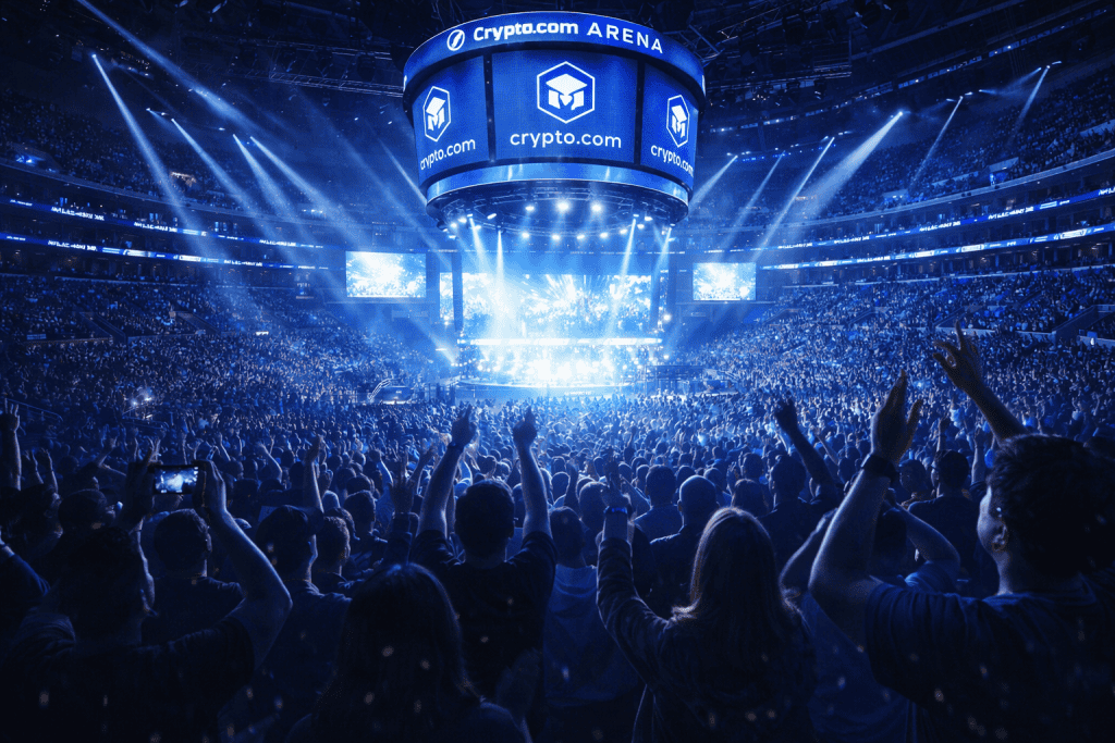 Packed arena crowd cheers beneath bright screens during live event.