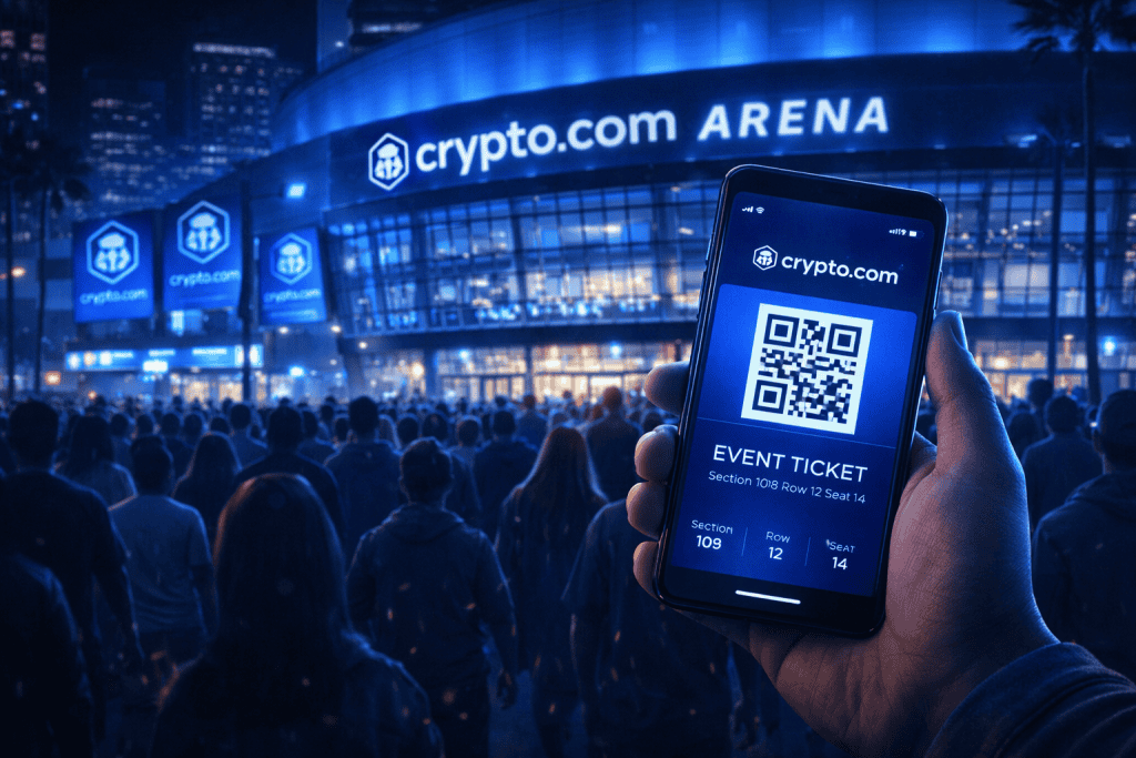 Fan holds mobile ticket outside arena for seamless entry.