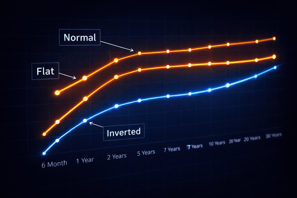 Treasury yield curve graph showing normal, flat, and inverted lines.