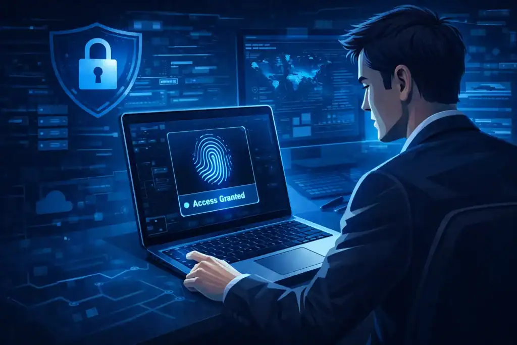 Passwordless Authentication illustrated by a professional using fingerprint login