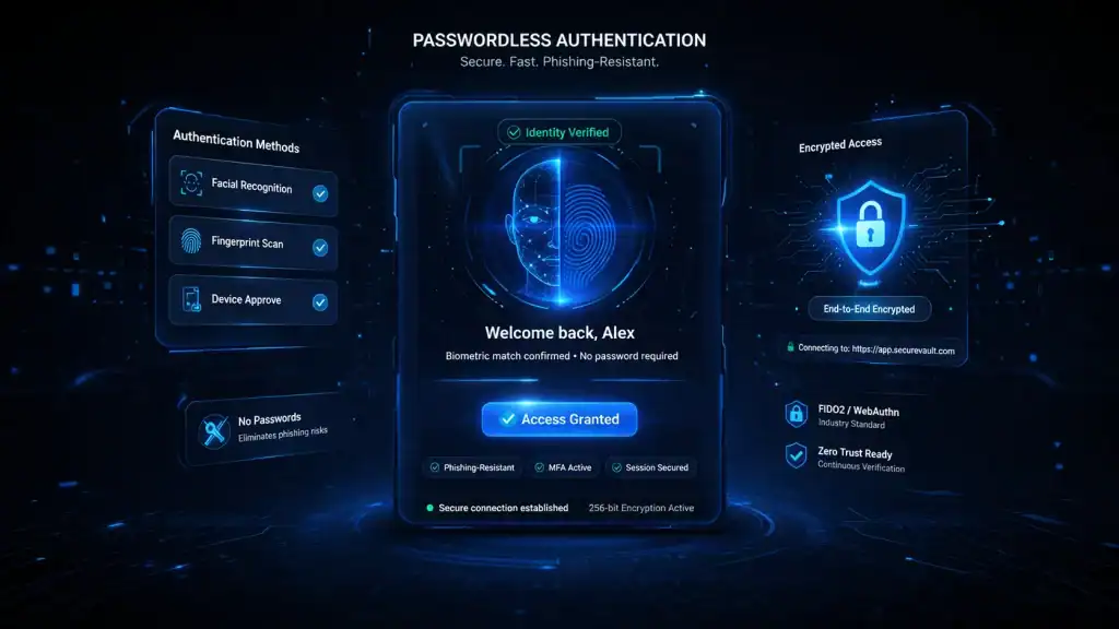Passwordless Authentication concept featuring a digital dashboard