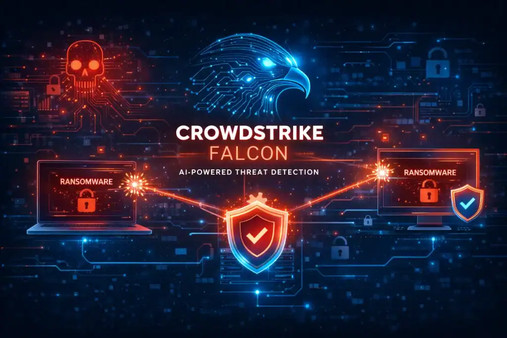 CrowdStrike Falcon visualized as an AI-powered threat detection system
