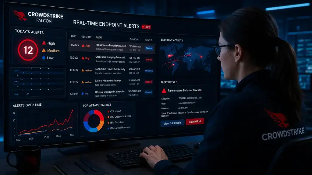 CrowdStrike Falcon represented by a security analyst