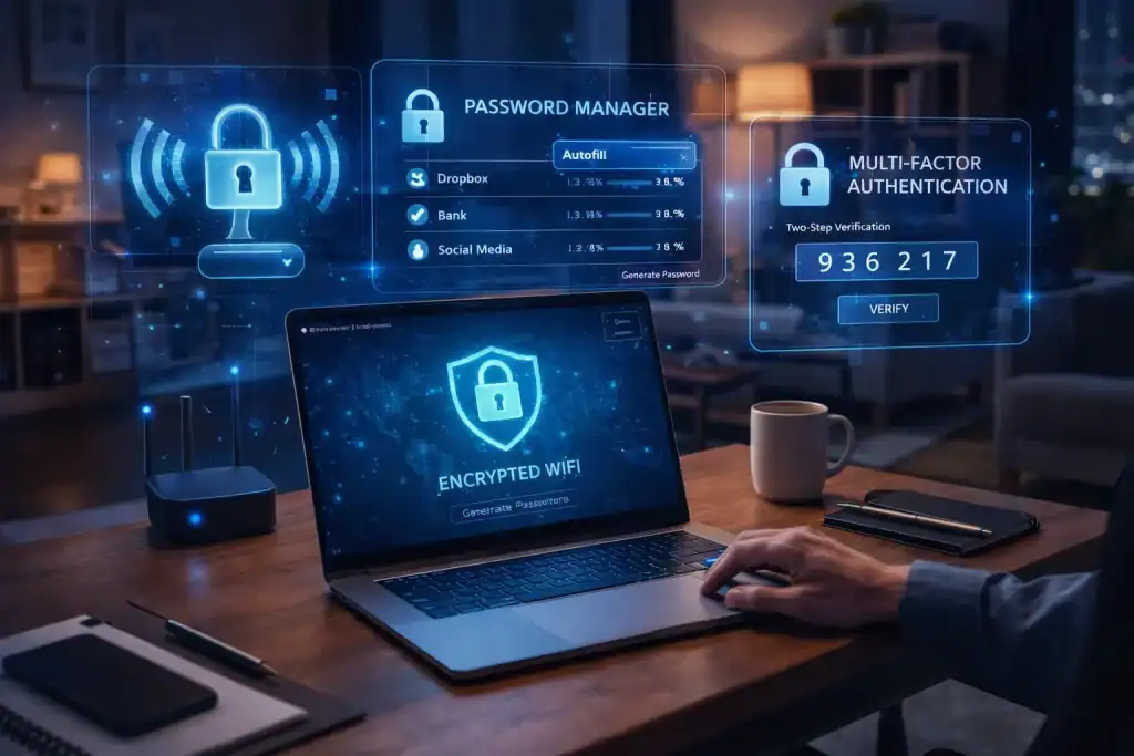 Remote Work cybersecurity scene showing a home office desk with encrypted Wi-Fi, password manager