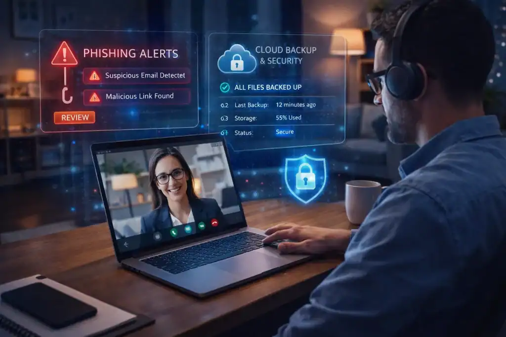 Remote Work illustration featuring a remote employee on a video call