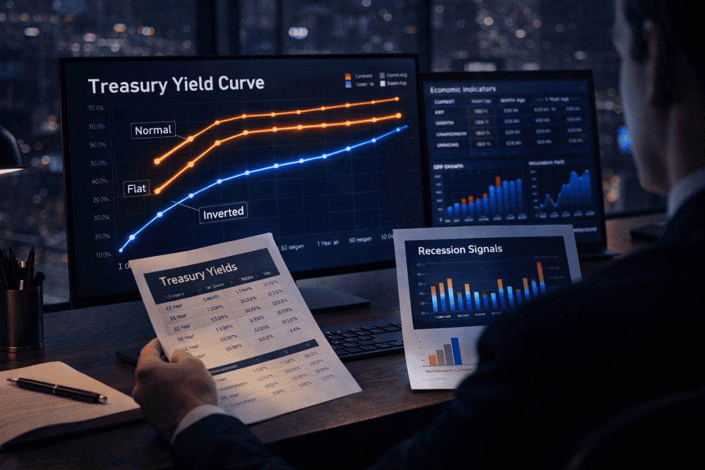 Analyst compares Treasury yields and recession signals on desk charts.