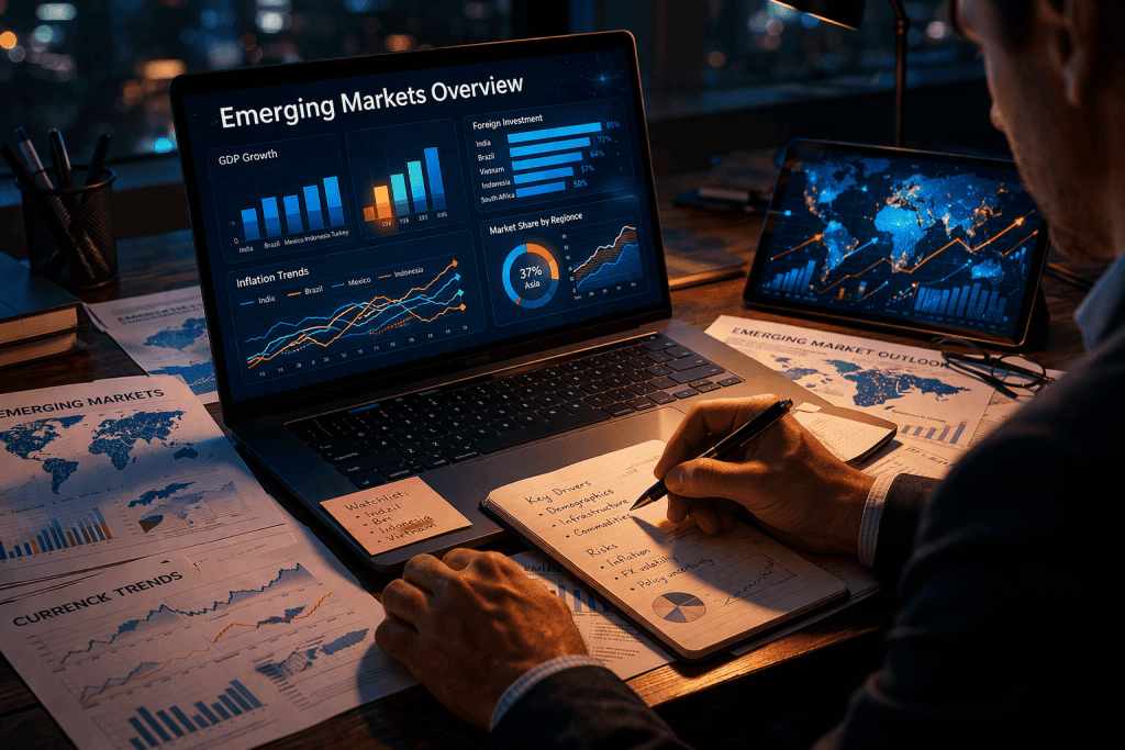 Analyst reviews emerging markets charts, notes, and reports on laptop.