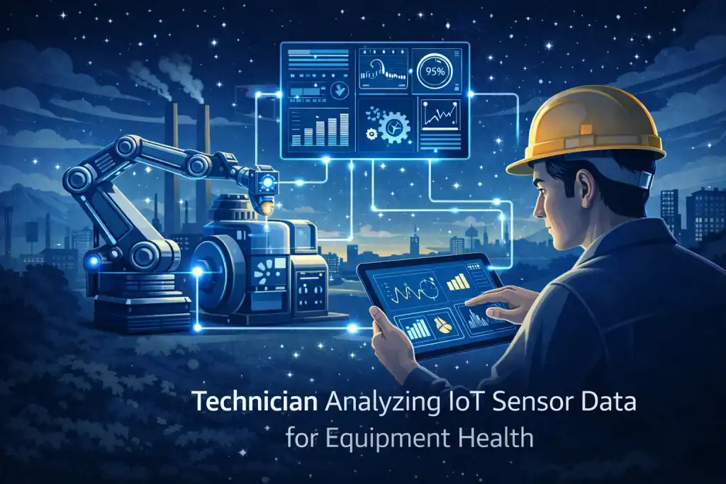 Technician analyzing IoT sensor data for equipment health