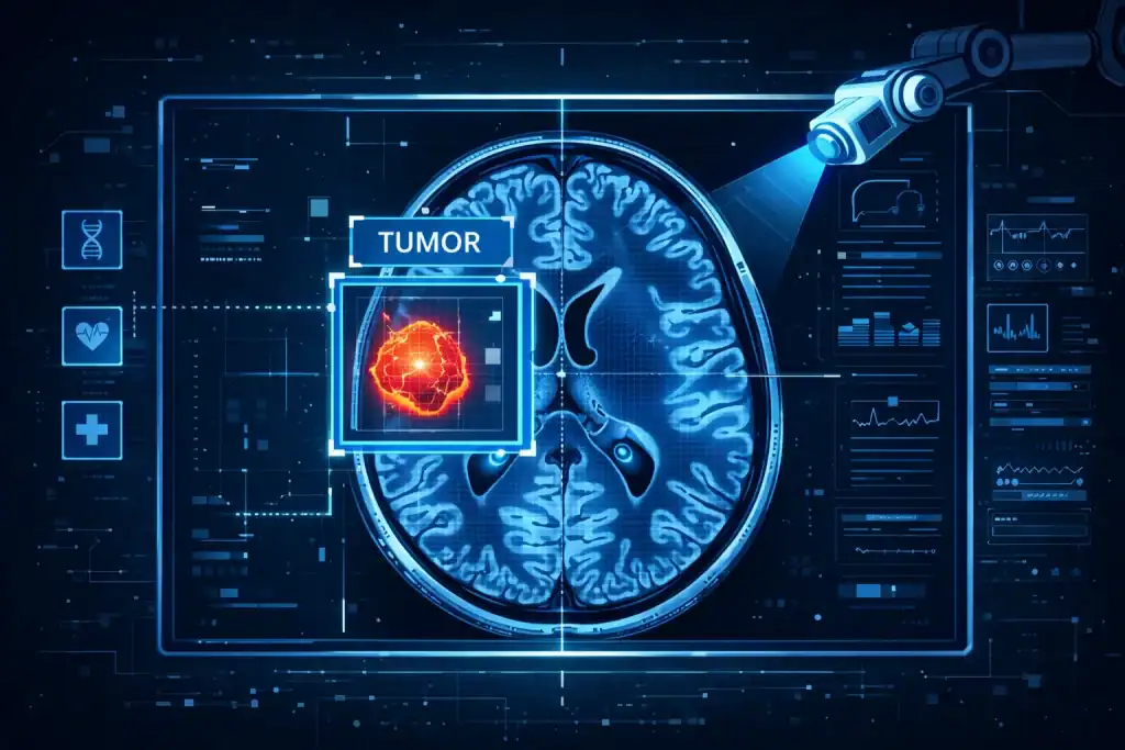 Medical scan with Computer Vision highlighting a tumor region for diagnosis
