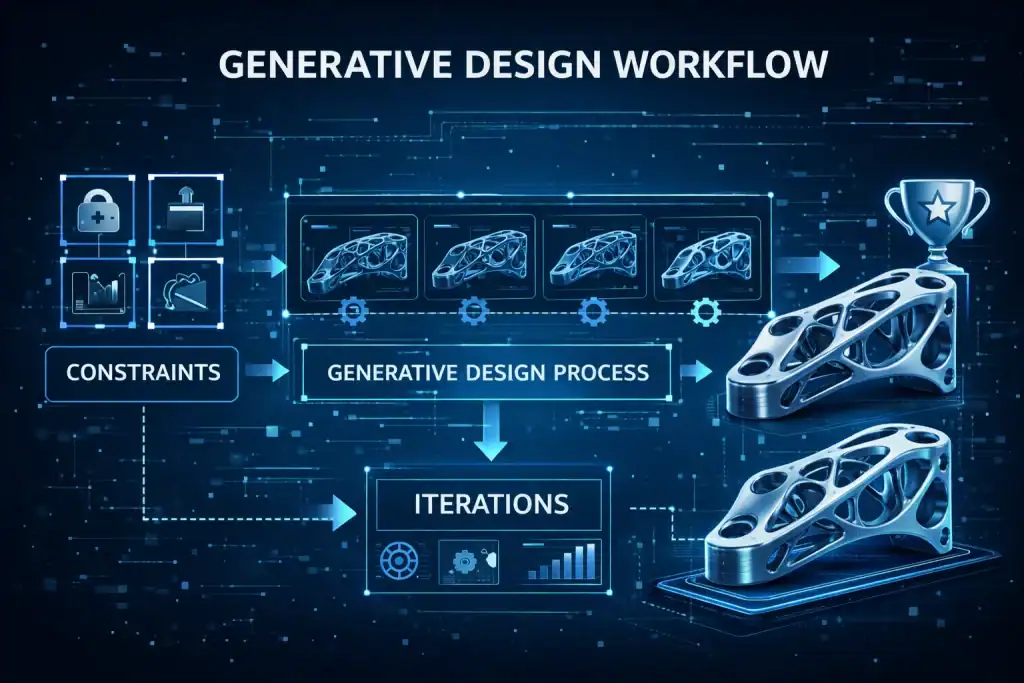 Generative Design workflow showing constraints, iterations, and best outputs