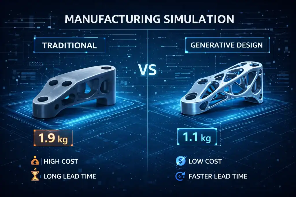 Manufacturing simulation comparing traditional vs Generative Design component shapes