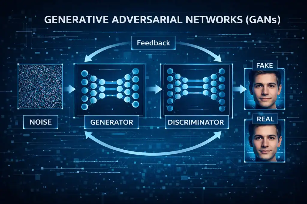 Diagram of Generative Adversarial Networks (GANs) generator vs discriminator loop