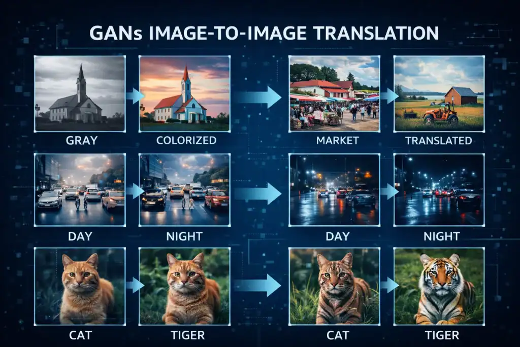 Examples of Generative Adversarial Networks (GANs) image-to-image translation results