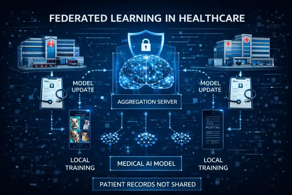 Hospitals collaborating through Federated Learning to improve a medical AI model without sharing patient records