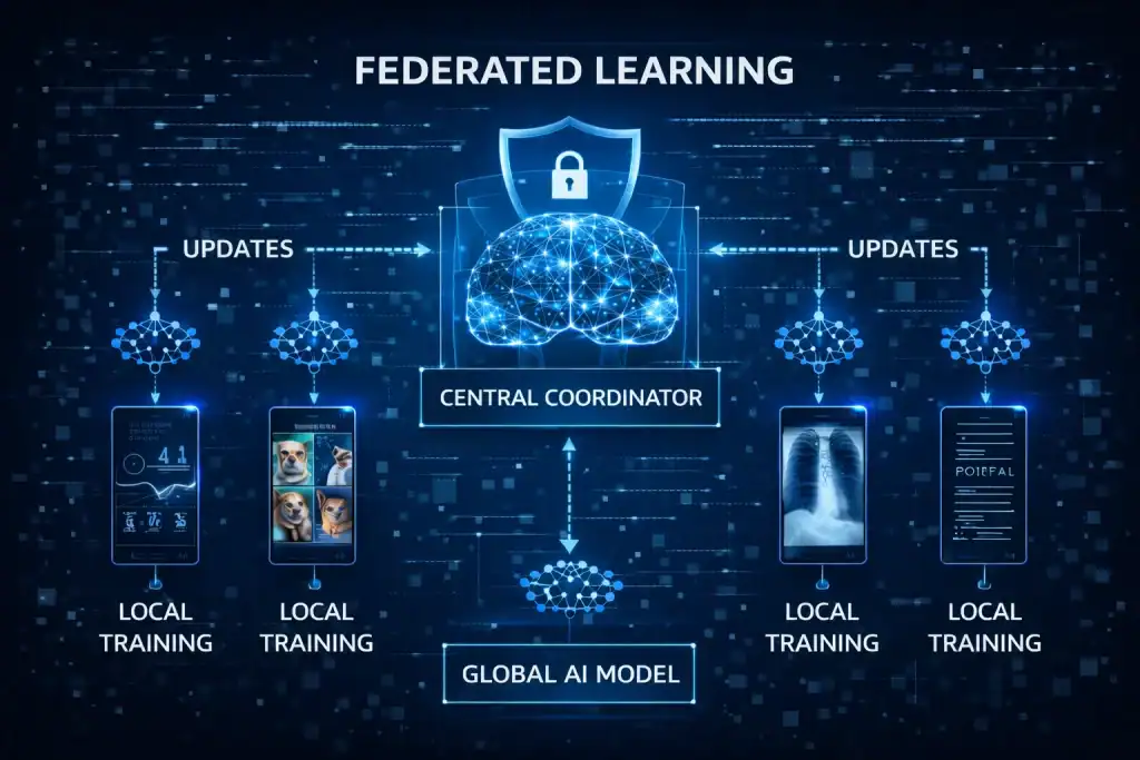 Smartphones training an AI model locally using Federated Learning, with updates sent to a central coordinator