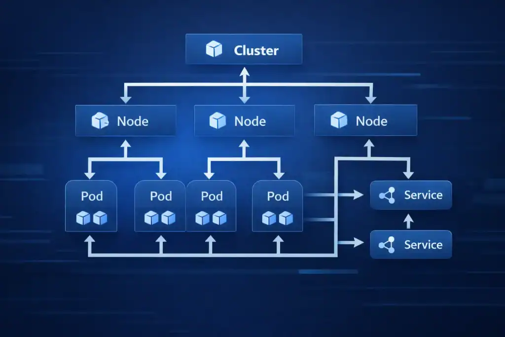 Kubernetes diagram of a cluster with nodes, pods, and services connected by arrows in a simple architecture layout