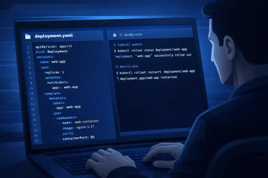 Developer reviewing YAML deployment files on a laptop with a terminal window running rollout commands
