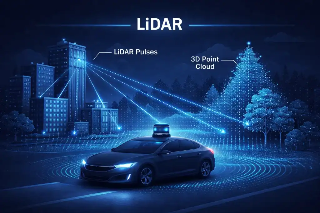 Simplified diagram showing LiDAR technology pulses bouncing off buildings and trees to form a 3D point cloud