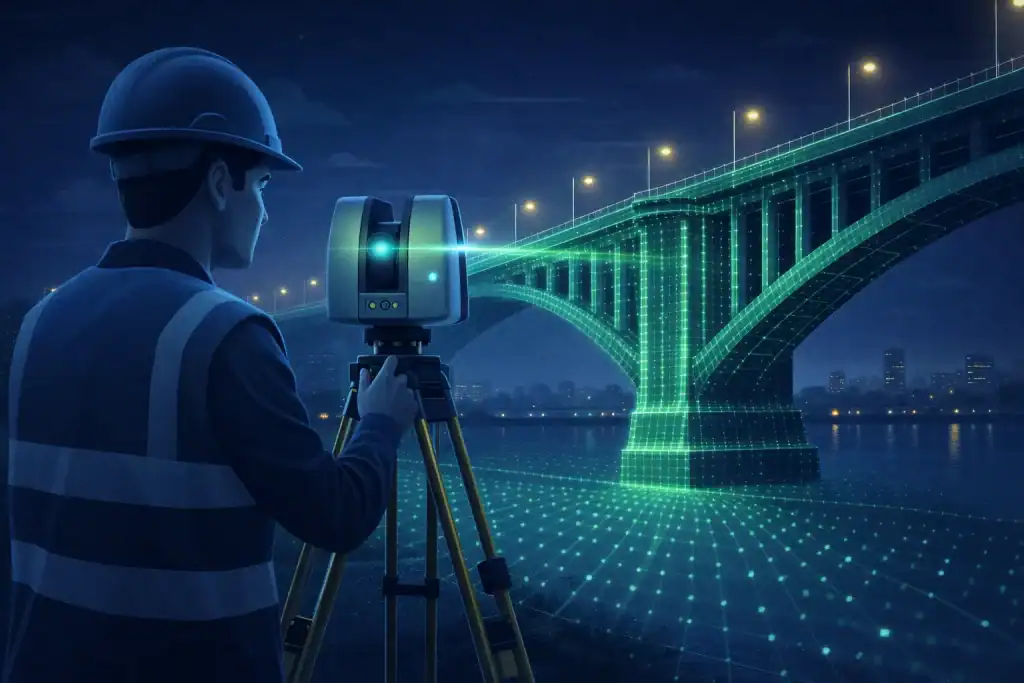 Surveyor using a tripod-mounted terrestrial laser scanner beside a bridge to capture infrastructure geometry