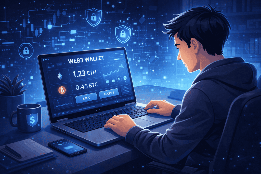 Beginner using Web3 wallet on laptop with secure crypto dashboard