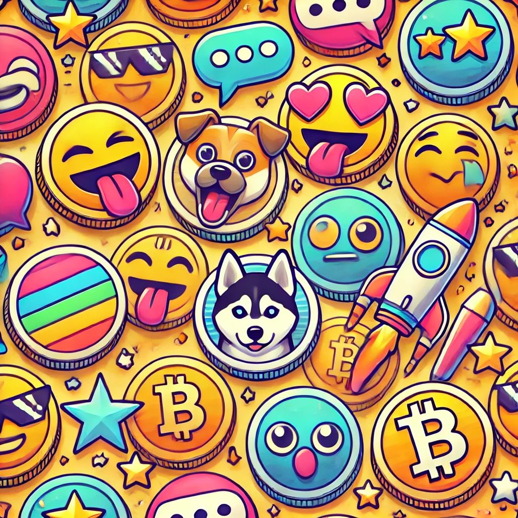 Colorful cryptocurrency coins inspired by memes and internet culture.