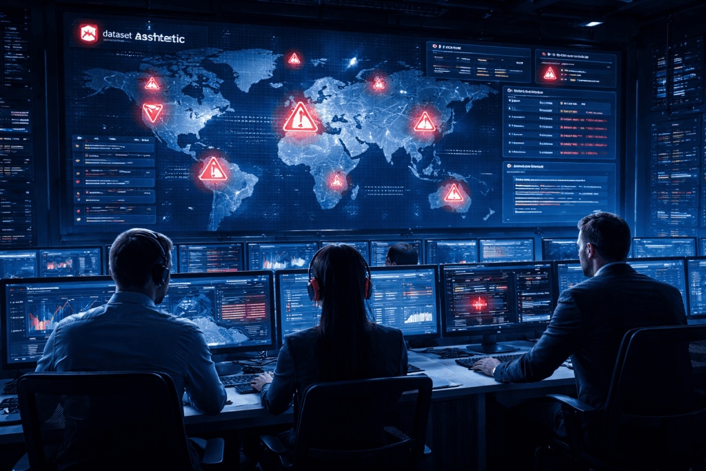 Security team monitors real-time threat alerts on SOC control room screens.